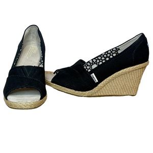 TOMS Canvas Espadrille Wedge Shoes Peep Toe Black Size W 7.5